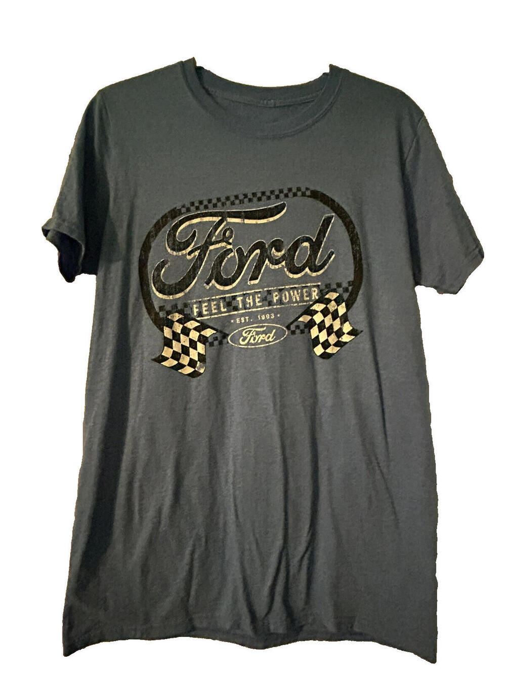 Ford T Shirt Mens Medium Feel The Power Blue Racing Flags Short Sleeve